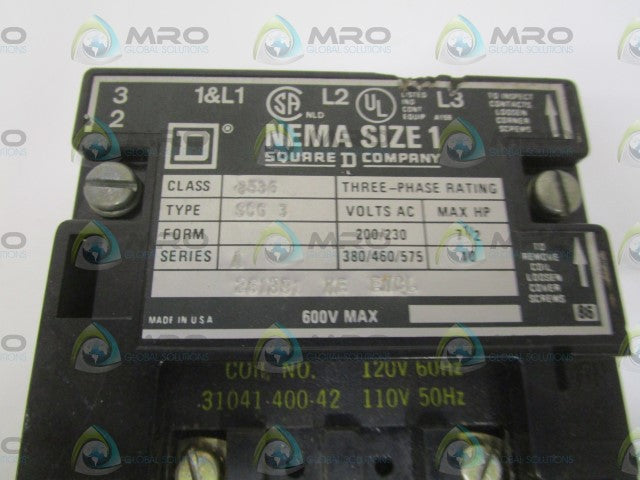 SQUARE D 8536-SCG3 MOTOR STARTER 110/120V *USED*