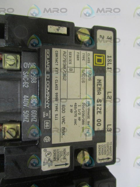 SQUARE D 8736-SAO16 SER. B REVERSING STARTER SIZE 00 *USED*