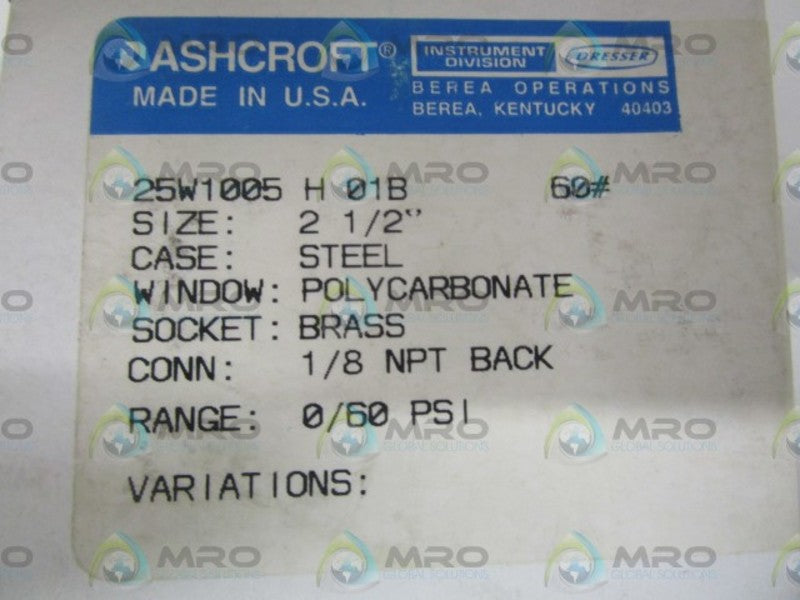 ASHCROFT 25W1005H01B-60# 0-60PSI  NSMP