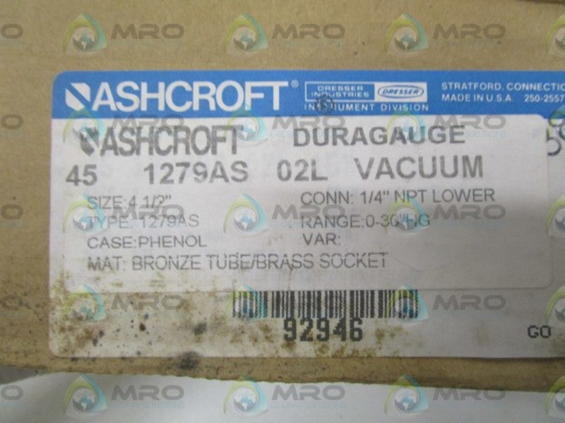 ASHCROFT 451279AS02L VACUUM DURAGAUGE 0-30" Hg  NSMP