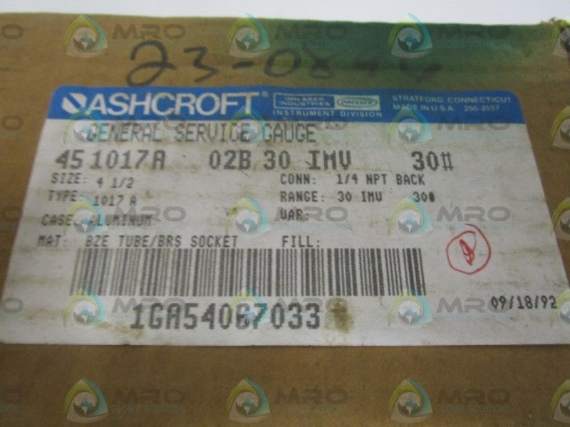 ASHCROFT 451017A02B-30IMV&30# 30-0 IMV 0-30PSI  NSMP