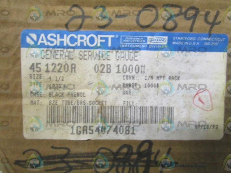 ASHCROFT 451220A02B-1000# 0-1000PSI NSMP