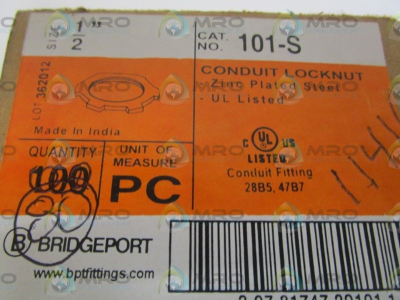 LOT OF 80 BRIDGEPORT 101-S CONDUIT LOCKNUT 1/2" *NEW IN BOX*