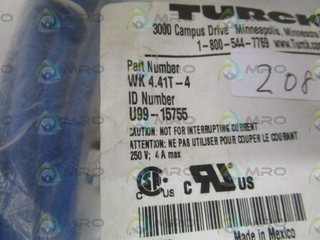 TURCK WK4.41T-4 MOLDED CORDSET *NEW IN FACTORY BAG*