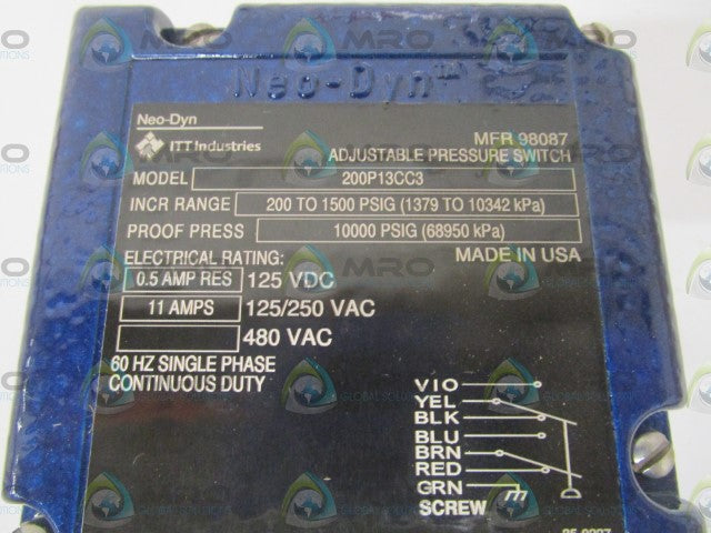 ITT 200P13CC3 PRESSURE SWITCH 200 TO 1500PSIG *NEW IN BOX *