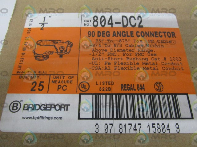 LOT OF 25 BRIDGEPORT 804-DC2 90 DEG ANGLE CONNECTOR 1/2" *NEW IN BOX*