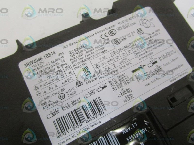 SIEMENS 3RW4046-1BB14 SOFT STARTER (AS PICTURED) *NEW NO BOX*