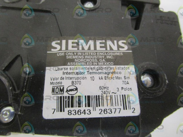 SIEMENS B370 CIRCUIT BREAKER 70A (AS PICTURED) *NEW NO BOX*