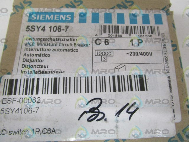 SIEMENS 5SY4106-7 CIRCUIT BREAKER 6A *NEW IN BOX*