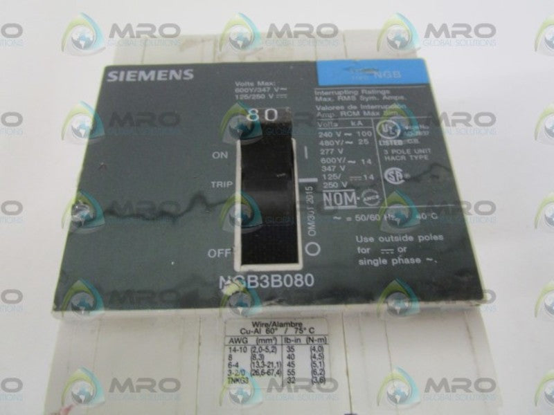 SIEMENS NGB3B080 CIRCUIT BREAKER 80AMP *NEW NO BOX*