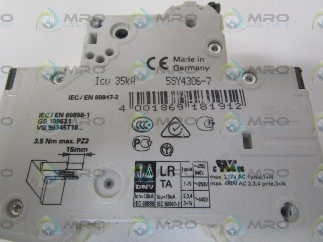 SIEMENS 5SY4306-7 CIRCUIT BREAKER 400V *NEW NO BOX*