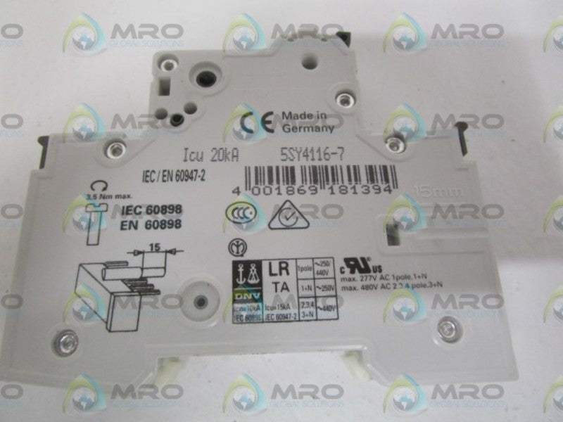 SIEMENS 5SY4116-7 CIRCUIT BREAKER 16A 230/400V NSNP