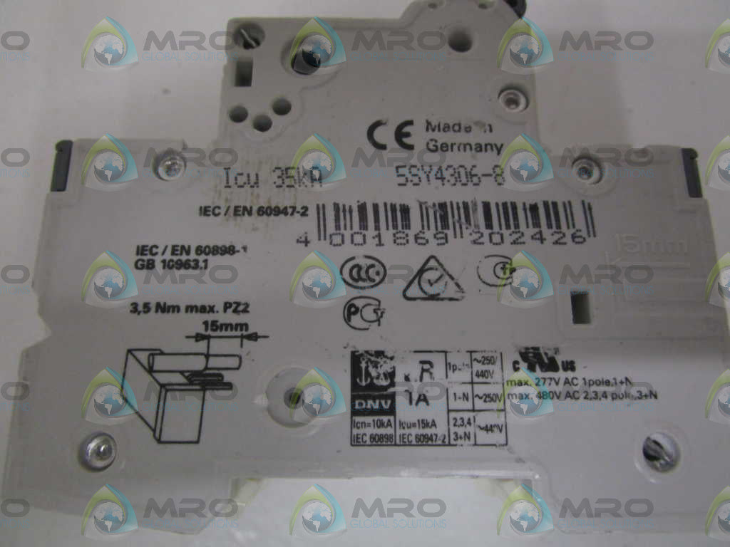 SIEMENS 5SY4306-8 CIRCUIT BREAKER 400V (CHIPPED/CRACKED) *NEW NO BOX*