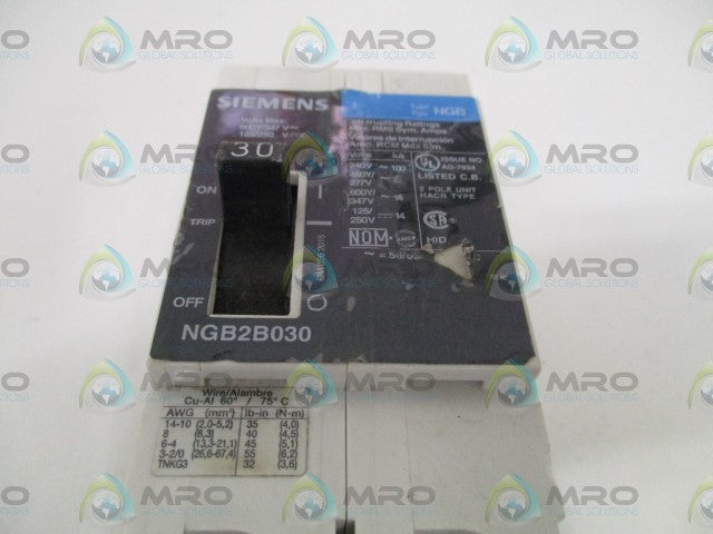 SIEMENS NGB2B030 CIRCUIT BREAKER 30A *USED*