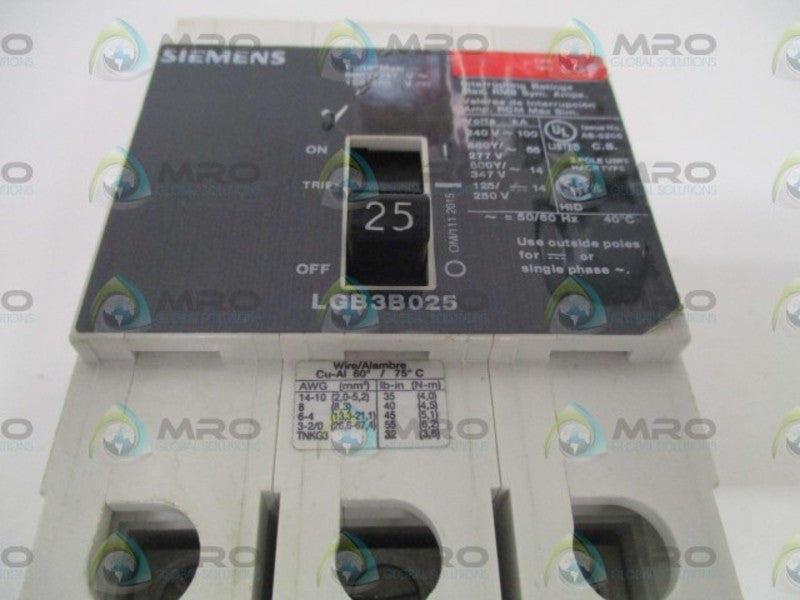 SIEMENS LGB3B025 CIRCUIT BREAKER 25A *USED*