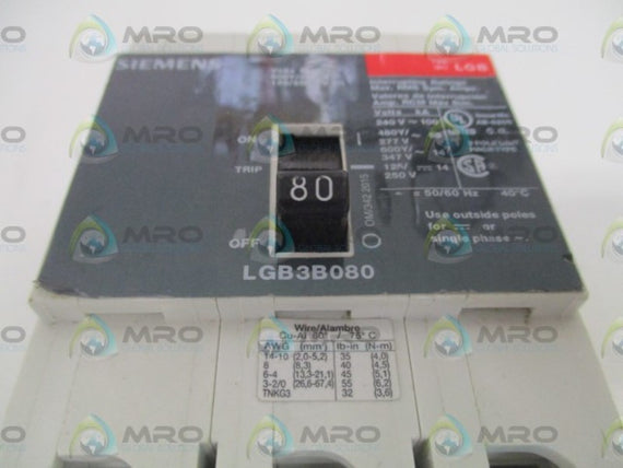 SIEMENS LGB3B080 CIRCUIT BREAKER 80A (CRACKED) *USED*