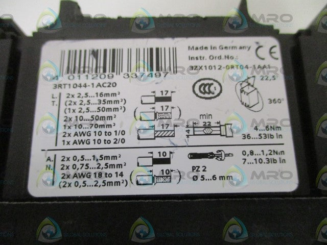 SIEMENS 3RT1044-1AC20 CONTACTOR 24V *USED*