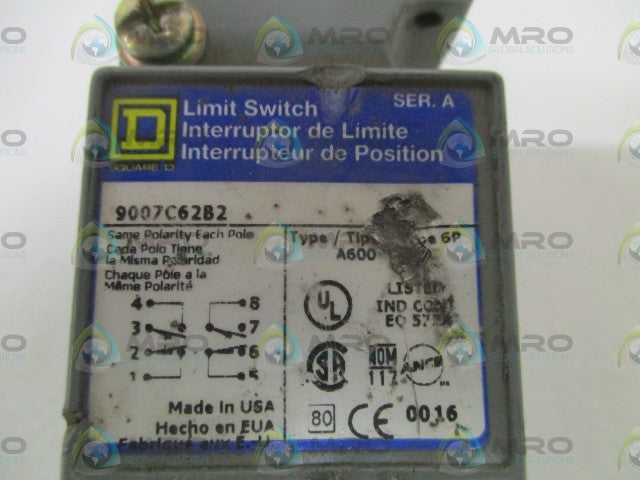 SQUARE D 9007C62B2 SER. A LIMIT SWITCH BODY ONLY *USED*
