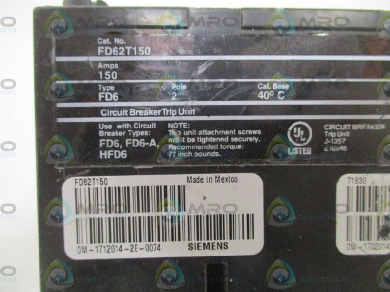SIEMENS FD62T150 CIRCUIT BREAKER TRIP UNIT 150A *NEW NO BOX*