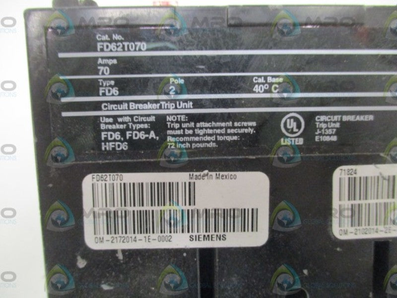 SIEMENS FD62T070 CIRCUIT BREAKER TRIP UNIT 70A *USED*