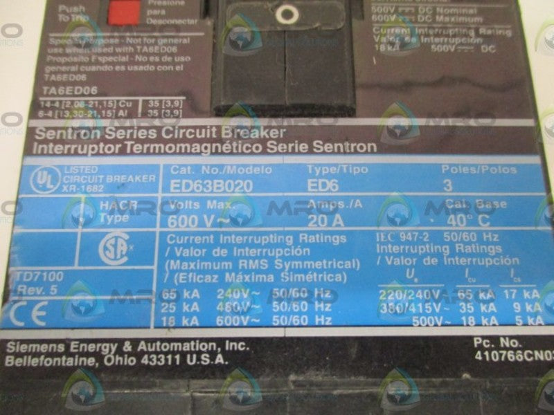 SIEMENS ED63B020 CIRCUIT BREAKER 20A (CRACKED) *NEW NO BOX*