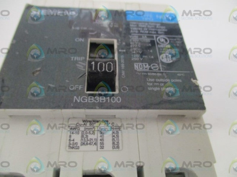 SIEMENS NGB3B100V CIRCUIT BREAKER 100A (CHIPPED) *USED*