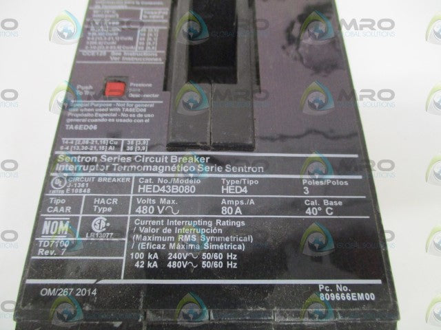 SIEMENS HED43B080 CIRCUIT BREAKER 80A *USED*