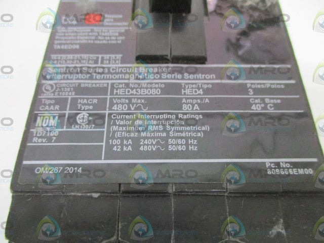 SIEMENS HED43B080 CIRCUIT BREAKER 80A (CHIPPED/CRACKED) *USED*