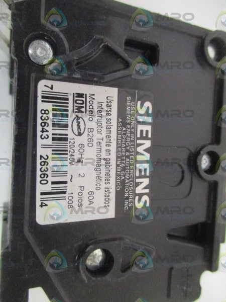 SIEMENS B260 CIRCUIT BREAKER 60A (AS PICTURED) *USED*