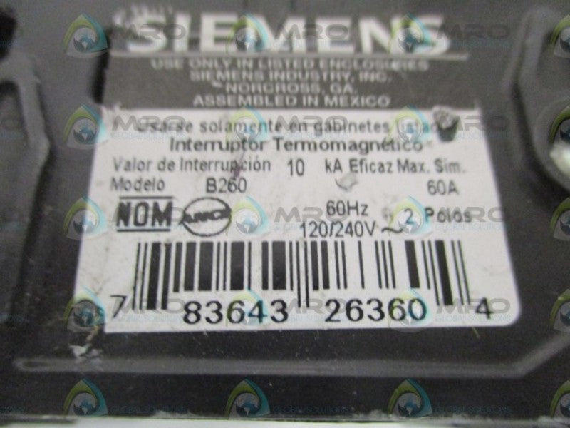 SIEMENS B260 CIRCUIT BREAKER 60A (AS PICTURED) *NEW NO BOX*