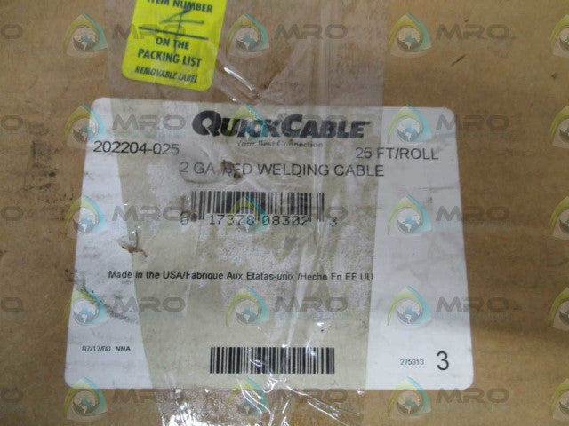 QUICK CABLE 202204-025 WELDING CABLE 25FT *NEW IN BOX*