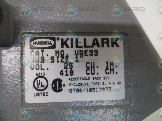 HUBBELL KILLARK VRE33 BACK BOX 1" *NEW IN BOX*