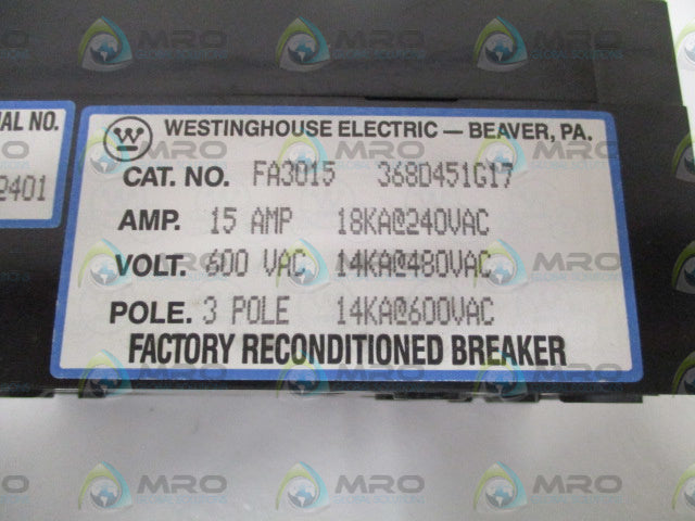 WESTINGHOUSE FA3015 CIRCUIT BREAKER 15AMP (REPAIRED) *USED*