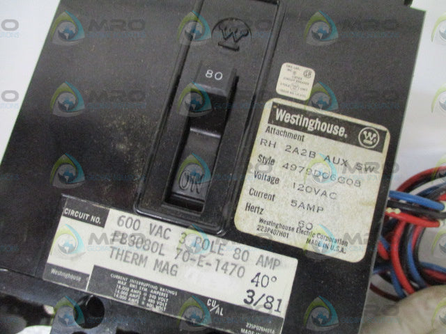 WESTINGHOUSE FB3080L CIRCUIT BREAKER w/ 2A2B AUXILIARY SWITCH *NEW IN BOX*