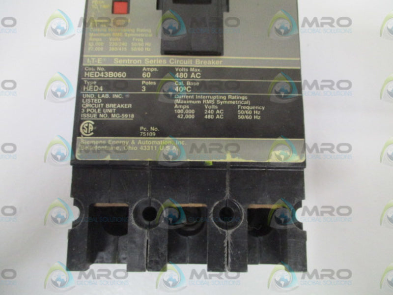 SIEMENS HED43B060 CIRCUIT BREAKER 60A *USED*