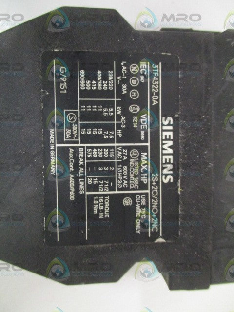 SIEMENS 3TF4322-0A CONTACTOR 220V *USED*