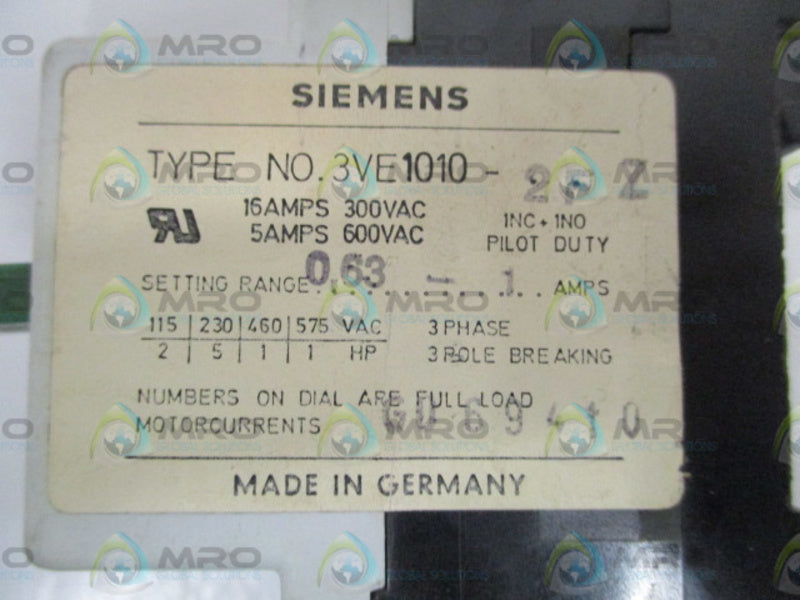 SIEMENS 3VE1010-2FZ  MOTOR STARTER 0,63-1AMPS *USED*