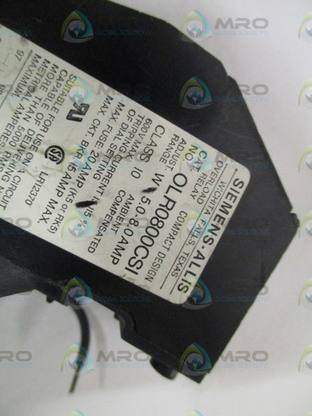 SIEMENS OLR0800CSI OVERLOAD RELAY 5-8AMP *USED*
