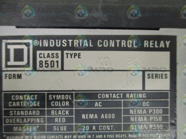 SQUARE D 8501-X020 CONTROL RELAY *USED*
