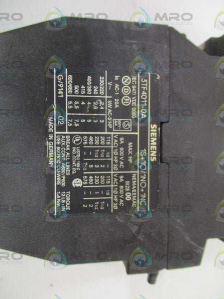 SIEMENS 3TF4011-0A CONTACTOR 110V *USED*
