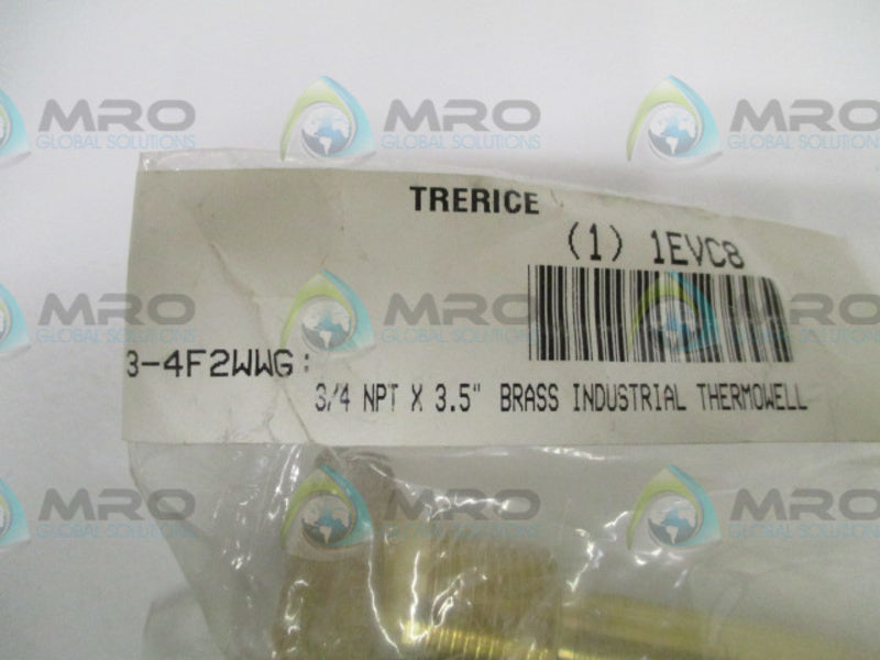 TRERICE 3-4F2 BRASS INDUSTRIAL THERMOWELL 3/4" X 3.5"  *NEW IN FACTORY BAG*