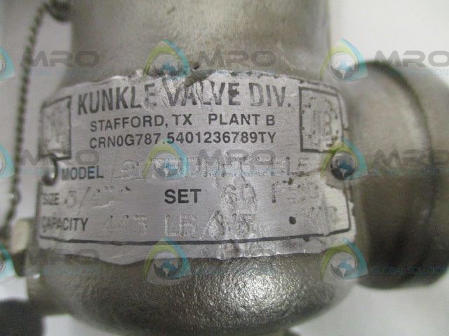 KUNKLE VALVE 917BDDE03BLE PRESSURE RELIEF VALVE 3/4" (REPAIRED) *USED*