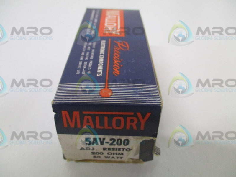 MALLORY 5AV-200 ADJUSTABLE RESISTOR 200OHMS 50W *NEW IN BOX*