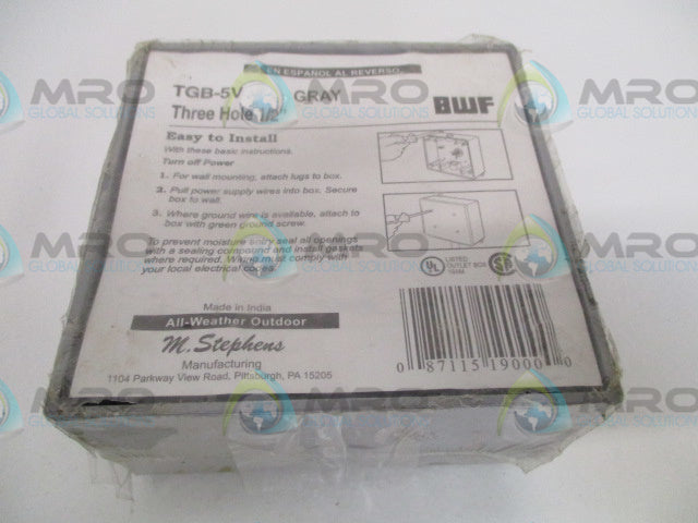 BWF TGB-5V THREE HOLE 1/2" GRAY OUTLET BOX * NEW IN ORIGINAL PACKAGE *