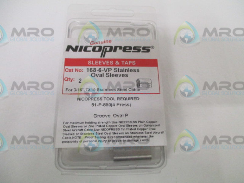NICOPRESS 168-6-VP STAINLESS OVAL SLEEVES (PKG 2) * NEW IN ORIGINAL PACKAGE *