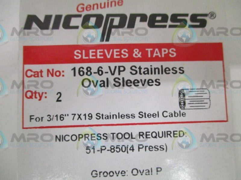 NICOPRESS 168-6-VP STAINLESS OVAL SLEEVES (PKG 2) * NEW IN ORIGINAL PACKAGE *