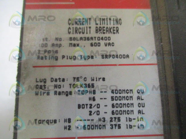 GENERAL ELECTRIC SGLA36AT0400 CIRCUIT BREAKER 300A RATING *USED*