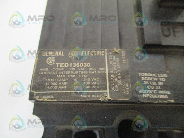 GENERAL ELECTRIC TED136030 CIRCUIT BREAKER 30A *USED*