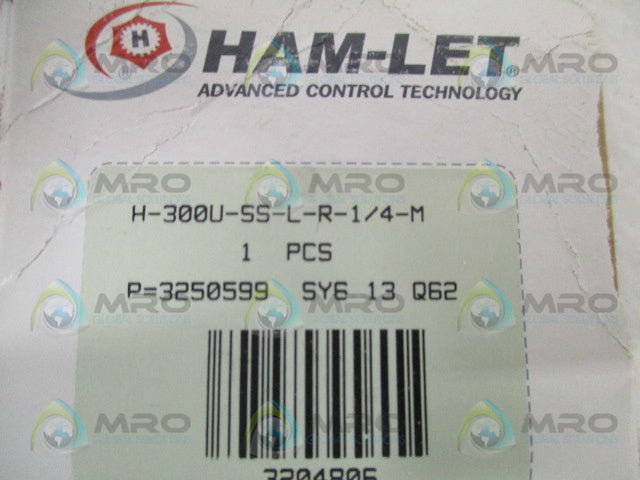 HAM-LET H-300U-SS-L-R-1/4-M VALVE *NEW NO BOX*
