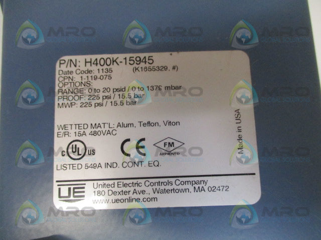 UNITED ELECTRIC H400K-15945 DIFFERENTIAL PRESSURE SWITCH 0-20 PSI *NEW NO BOX*